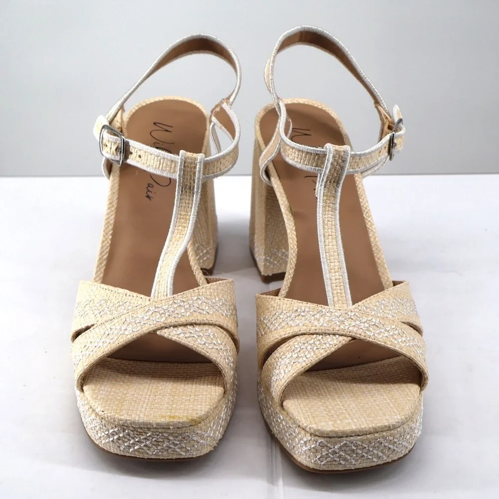 Wild Pair Harperr‎ White Linen Platform Block Heel Sandals T Strap NIB 9.5
